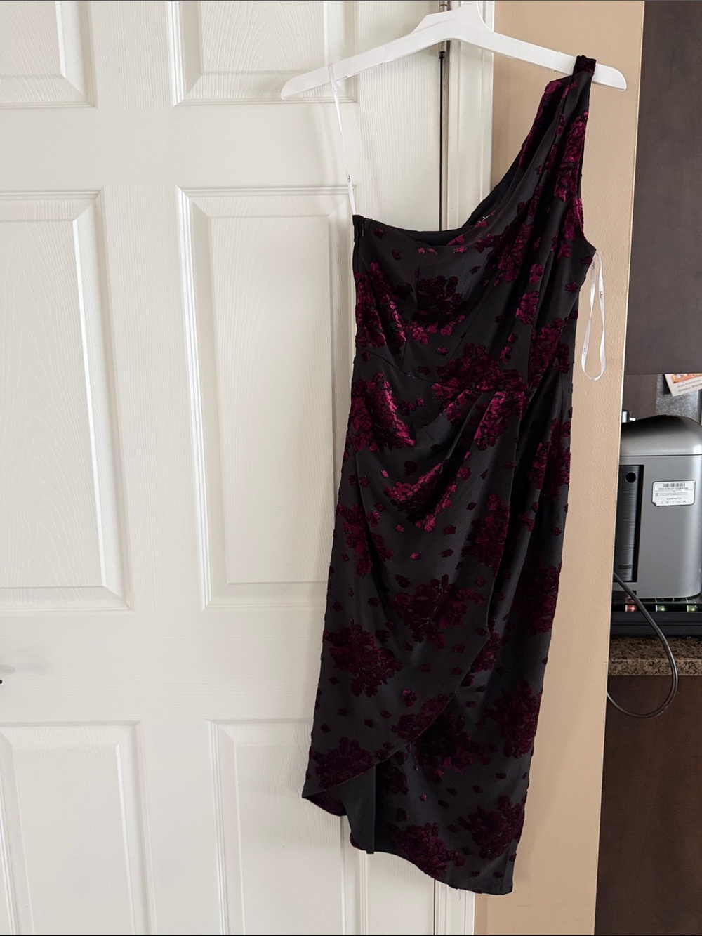 Lulu's One-Shoulder Black Dress with Burgundy Floral Burnout